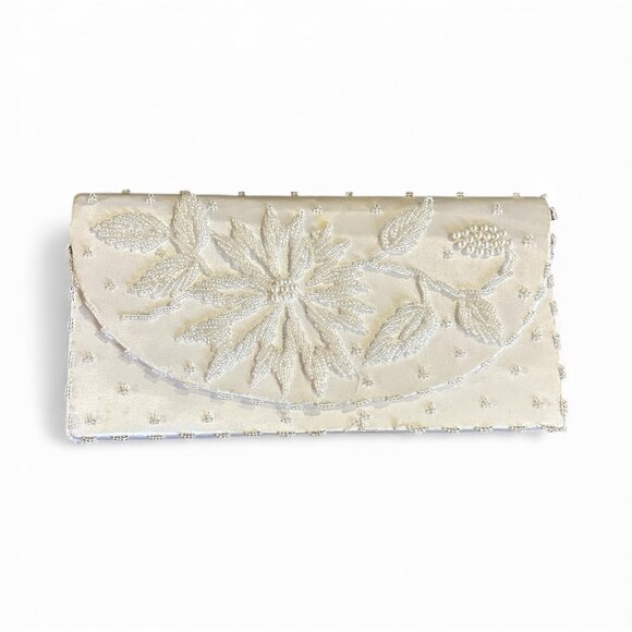 Vintage Ivory Floral Beaded Satin Evening Bag Clutch Bridal 1950s Glam Formal - Picture 8 of 8